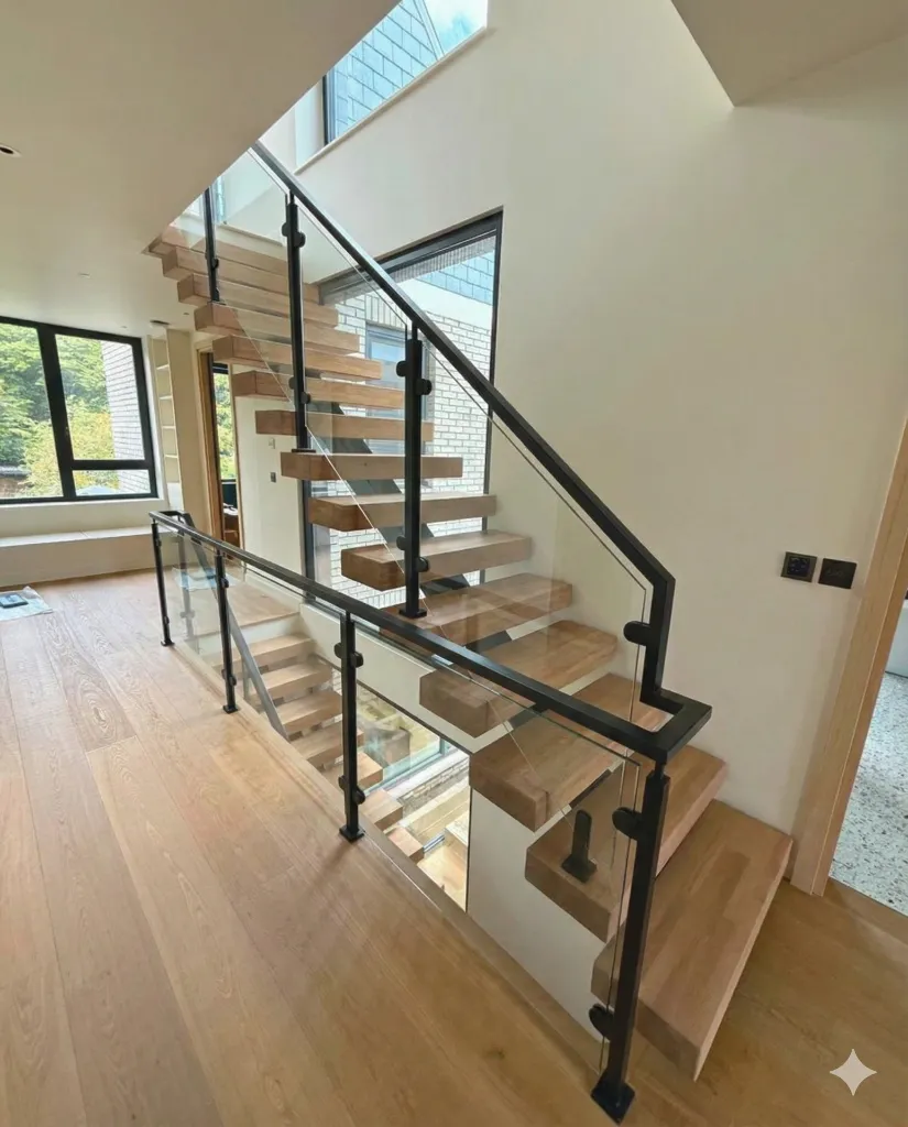 cantral spine staircase design with post balustrade.webp